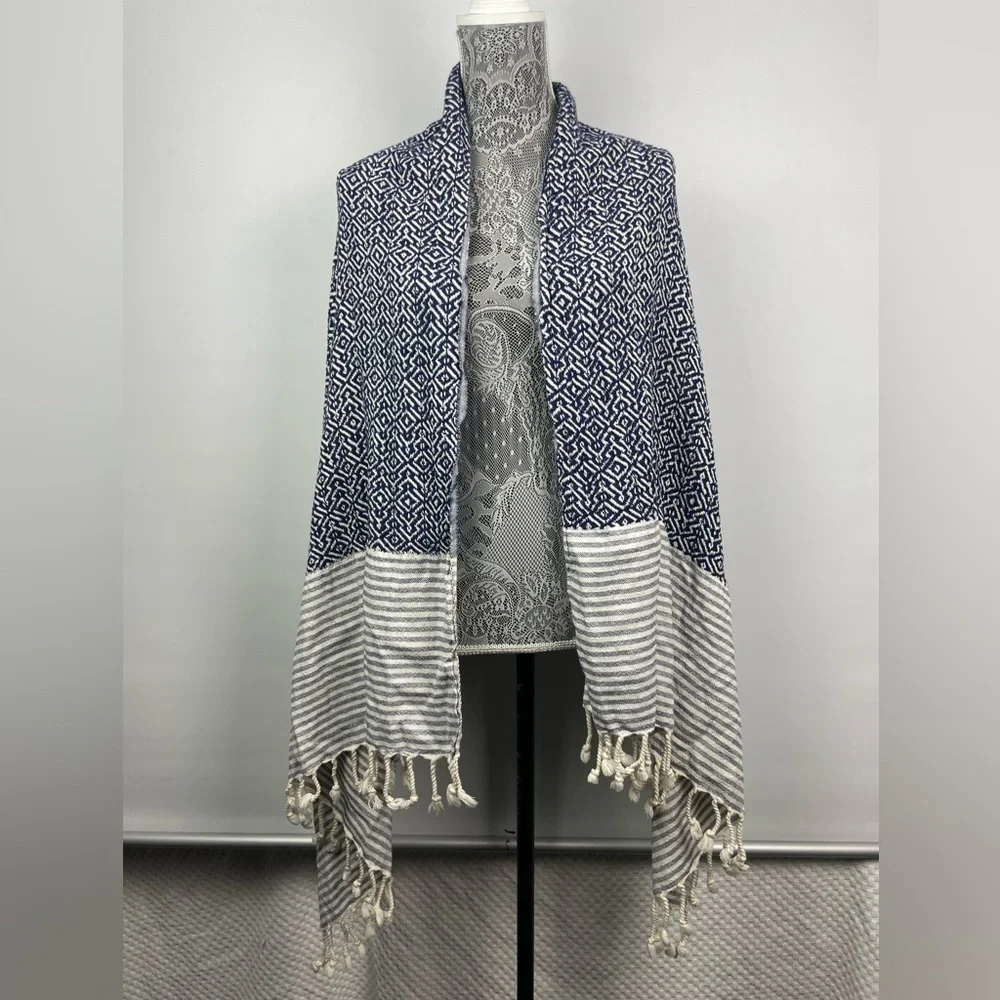 Textured Blue White‎ Striped Rectangular Scarf Beach Throw Blanket Fringe Hem